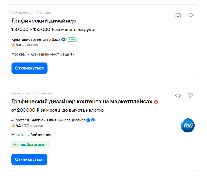Вакансии графического дизайнера: 130 000–150 000 ₽ на руки и от 200 000 ₽ в месяц